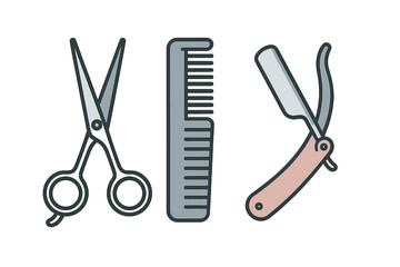 Professional hairdressing and barber tools set including scissors comb and straight razor