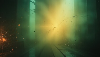 Grunge cinematic background with light leaks, green and amber gradient, and scratched film surface.