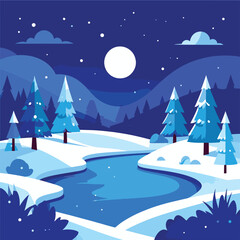 Fototapeta premium Winter Night Mountain Landscape Vector 
