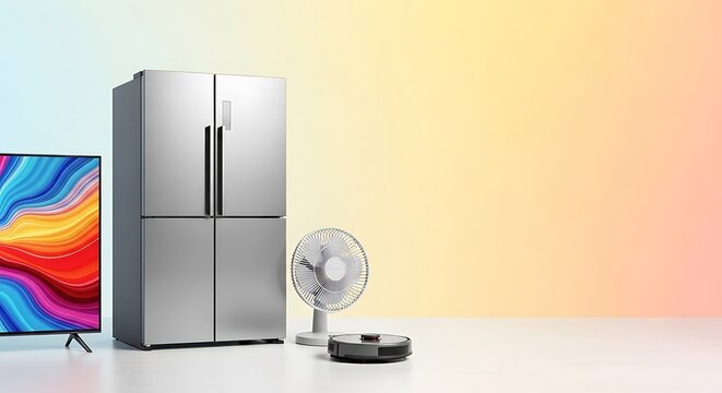 Modern home appliances including a refrigerator, television, fan, and robot vacuum cleaner, showcasing technology and convenience