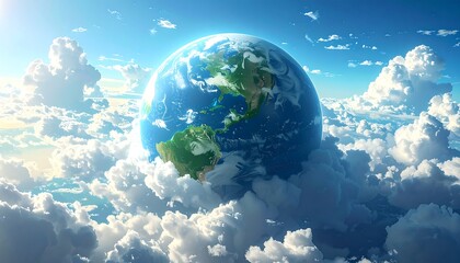 Earth floating in fluffy clouds, viewed from below, vibrant blue sky above, cartoonish style illustration