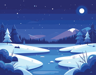 Winter Night Mountain Landscape Vector 