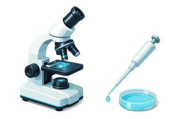 Modern laboratory equipment setup with microscope, automatic pipette, and petri dish