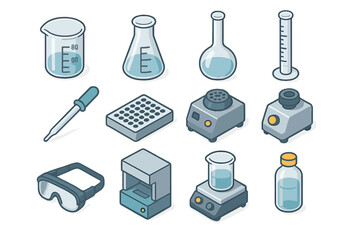Isometric icons set of laboratory glassware, instruments, and safety gear for chemistry research