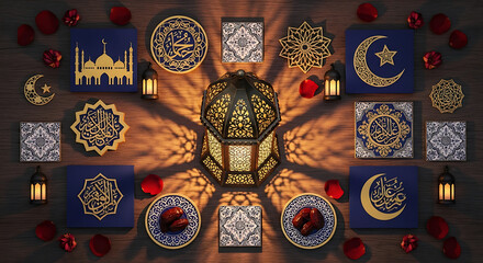 Golden Lantern Illuminated Iftar Feast Setup A Serene Ramadan Celebration with Dates, Ornate Islamic Art, and Mystical Light Patterns, Evoking Spiritual Reflection and Festive Warmth