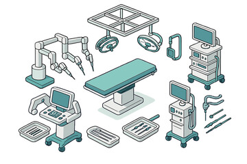 Modern surgical equipment set featuring operating table, robotic arms, and specialized medical tools