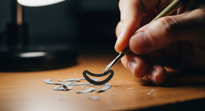 Close-up of a person's hand meticulously cutting out a crescent moon shape from paper with a craft - Powered by Adobe