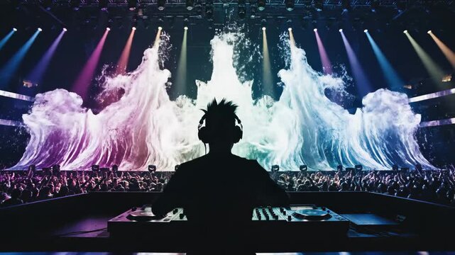 Dj silhouette performing electrifying music, mixing tracks on turntables at a vibrant concert with a cheering crowd and colorful visual effects engulfing the stage