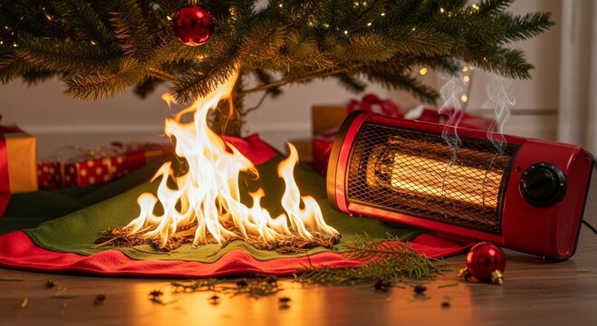 Christmas tree fire hazard with fallen heater near wrapped gifts and ornaments