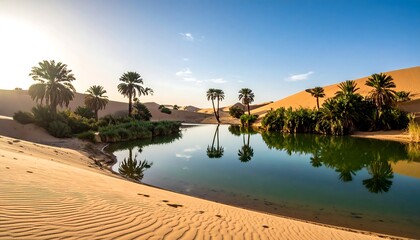 Desert oasis with palms reflecting in tranquil turquoise water under a bright, clear blue sky