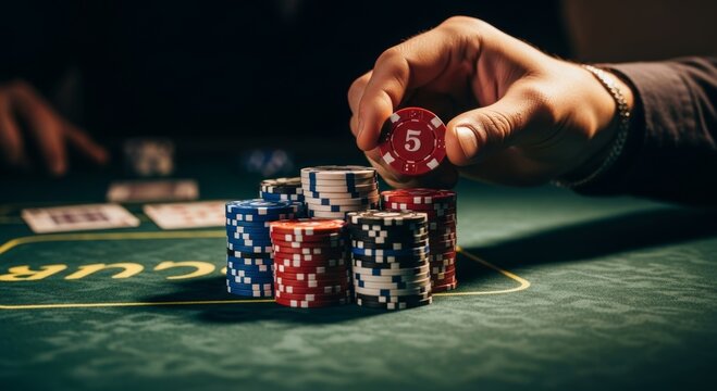 Close-up of hand holding poker chips on casino table at night
