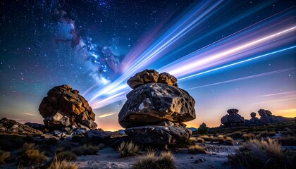 Desert rocks under a starry sky, with blurred light trails adding a dynamic effect