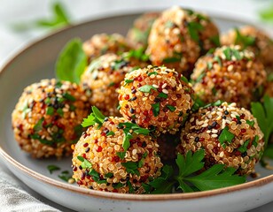 Quinoa balls with aromatic herbs and sesame seeds.