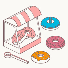 Isometric doughnut store and Fresh Baked Assorted Doughnuts