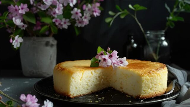 A mouthwatering cake on a plate, adorned with edible flowers and ready for serving.