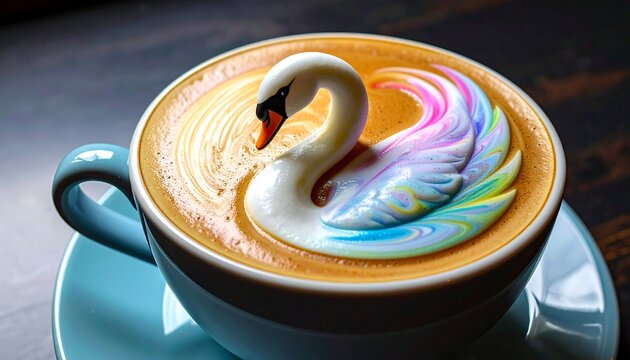 Coffee art A swan with rainbow-colored wings floats in a cup of latte