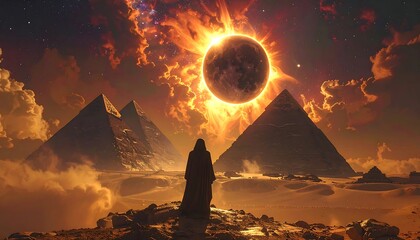 Desert scene featuring pyramids under an orange sky with a figure in a cloak staring at a solar eclipse