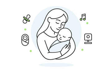 Mother tenderly holding sleeping newborn baby surrounded by care icons