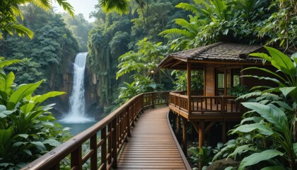 A tropical jungle retreat with wooden decks, waterfall view, and lush greenery all around.