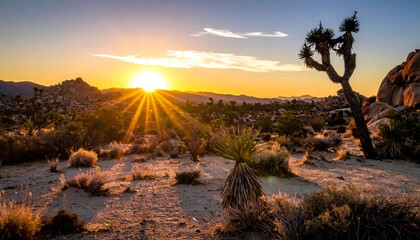 Desert vista at sunrise with rock formations and yucca trees, sun rays beaming through the horizon