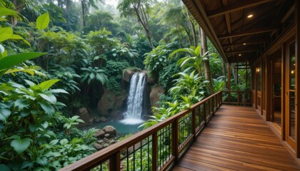 A tropical jungle retreat with wooden decks, waterfall view, and lush greenery all around.