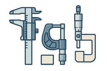Set of precision measuring instruments including caliper, outside micrometer, and gauge