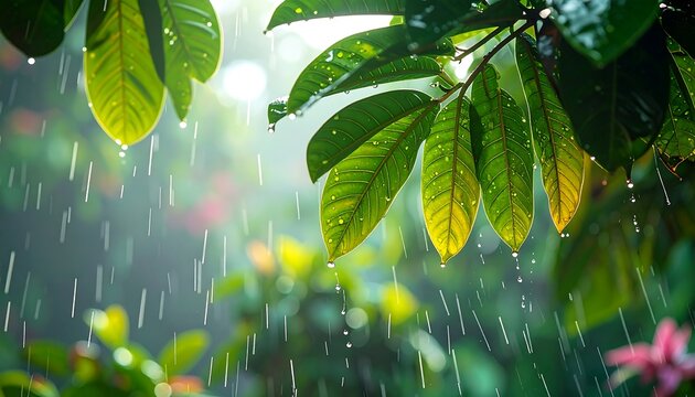 Close up of lush, green leaves in the rain, with a bright, bokeh background and water droplets - Powered by Adobe