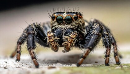 Close up on a cute jumping spider, clear details, and large eyes focusing directly on the viewer