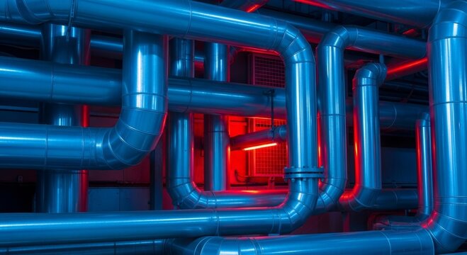Complex industrial blue pipes with red neon lighting in a dark room