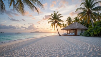 A private island beach house with white sand, calm sea, and hammocks under palm trees, peaceful sunset.