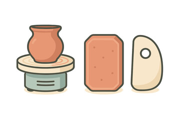 Ceramic pottery wheel with clay pot and sculpting tools for crafting artwork