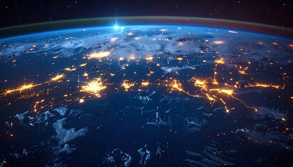 Earth from space city lights illuminate the night side, seen through the atmosphere against a blue and dark background