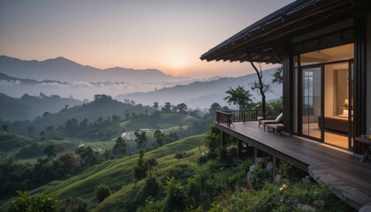 A luxurious hilltop villa overlooking a valley of rice terraces, misty morning scene, tranquil atmosphere.