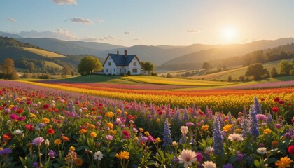 A serene countryside house surrounded by colorful flower fields, green hills, and soft golden sunlight.