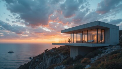 A modern minimalist vacation home on a cliff with glass walls showing a dramatic sunset over the sea.