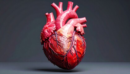 Detailed anatomical heart rendering. Vivid red vessels stand against gray background; textured, intricate, and medical
