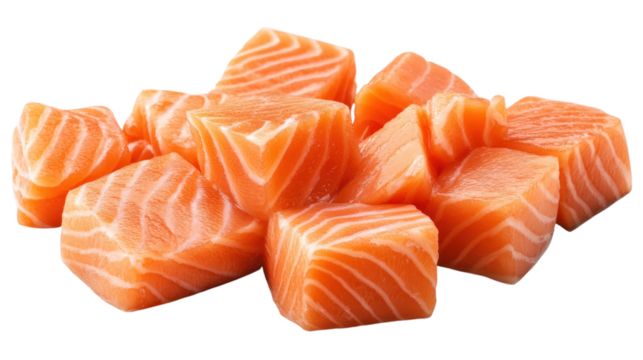 Fresh Salmon Cubes isolated on a transparent background