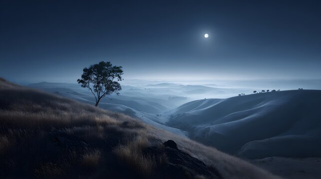 A serene landscape featuring a solitary tree on a hill under a moonlit night with misty mountains