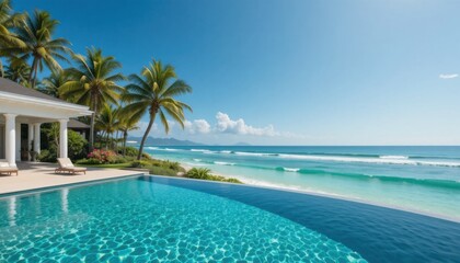 A seaside villa with infinity pool overlooking turquoise ocean waves, tropical palm trees, clear blue sky.