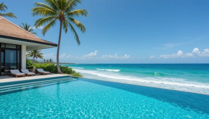 A seaside villa with infinity pool overlooking turquoise ocean waves, tropical palm trees, clear blue sky.