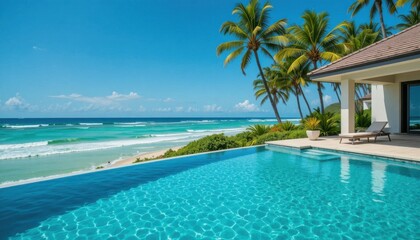 A seaside villa with infinity pool overlooking turquoise ocean waves, tropical palm trees, clear blue sky.
