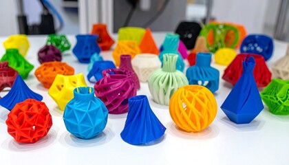 Collection of bright, geometric, 3D-printed objects displayed on a white surface with a blurry background