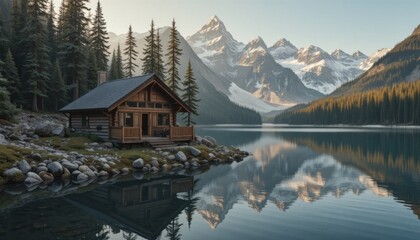 A luxury vacation house on a mountain peak with a breathtaking panoramic view of sunrise and misty valleys, modern glass design, peaceful atmosphere.