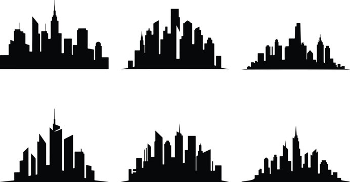 Collection of black city skyline silhouettes on white background