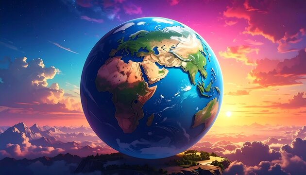 Earth globe floating atop clouds during a colorful sunset scene. The sun shines brightly, creating a serene atmosphere