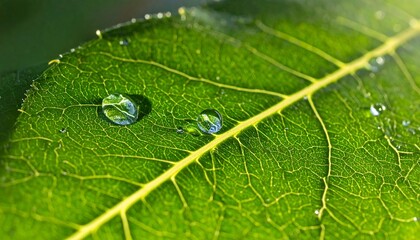 Detailed close-up of a vibrant green leaf with water droplets clinging to its surface, illuminated by sunlight