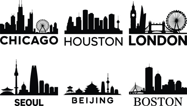 Iconic city skylines silhouettes collection