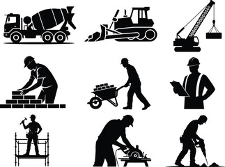Construction workers and heavy machinery silhouettes in a grid layout
