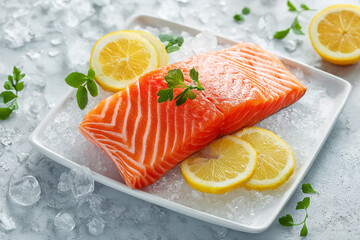 Realistic salmon fillet highlighting rich orange texture with lemon wedge for culinary display