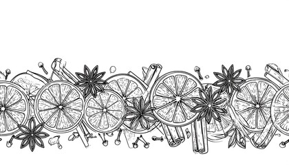 Detailed grayscale drawing of sliced oranges, star anise, cloves and cinnamon sticks repeating in a horizontal pattern